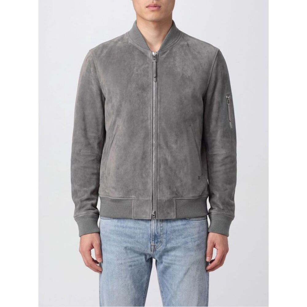 Tom Ford Men Suede Calfskin Bomber Jacket Tom Ford With Ribbed Collar